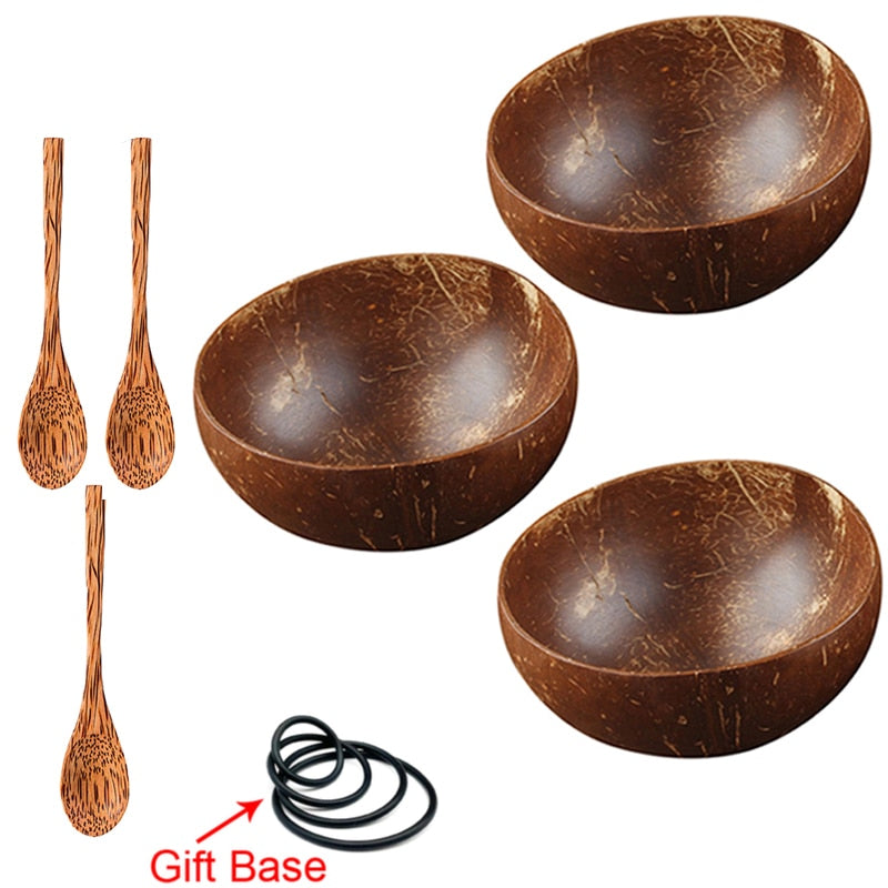 Binygo 12-15cm  Natural Coconut Bowl set wooden Salad Ramen bowl Coconut Wood Spoon Set coco smoothie Kitchen tableware Coconut bowl