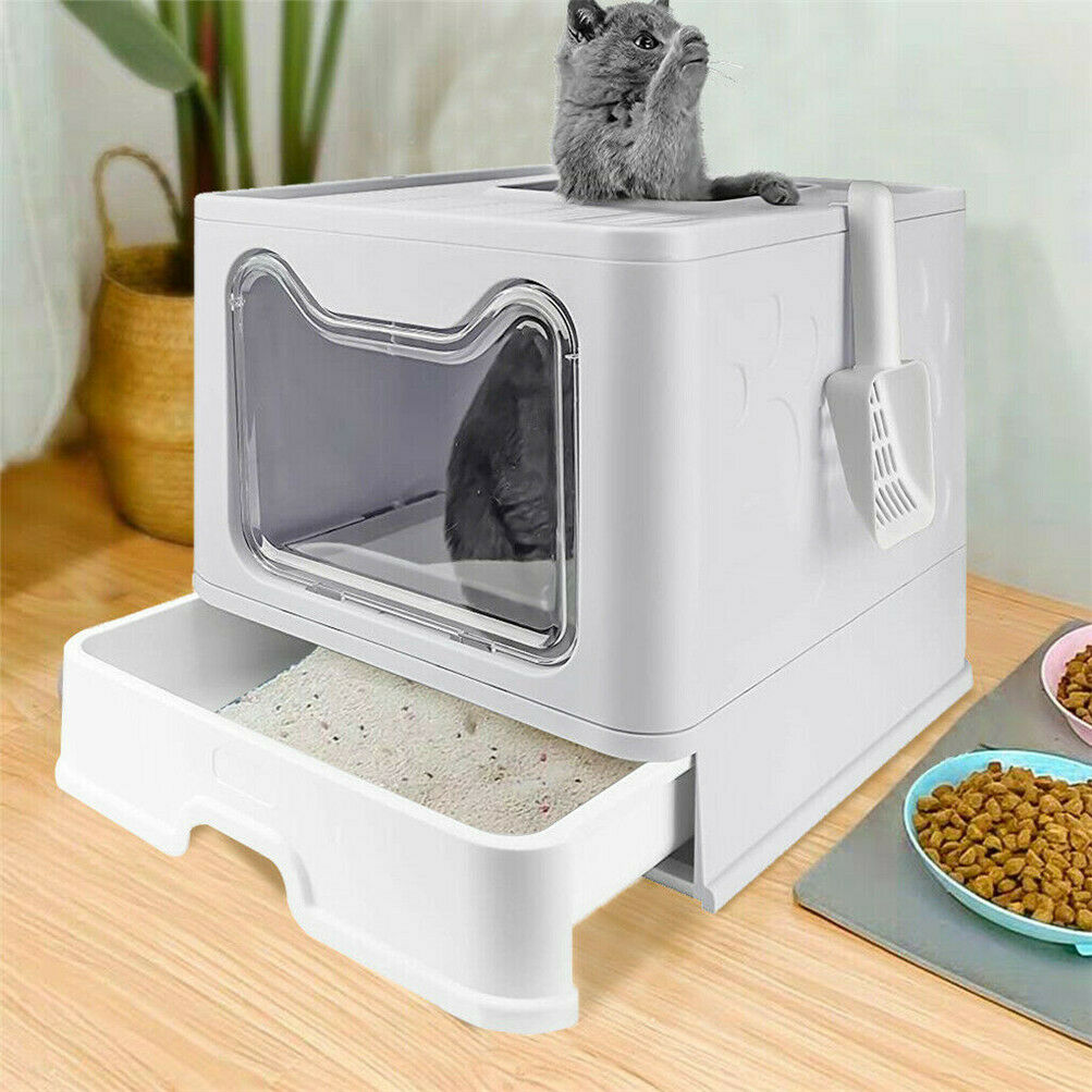 Binygo Front Entry Top Exit Cat Litter Box with Lid Foldable Large Kitty Litter Boxes Cats Toilet Including Plastic Scoop