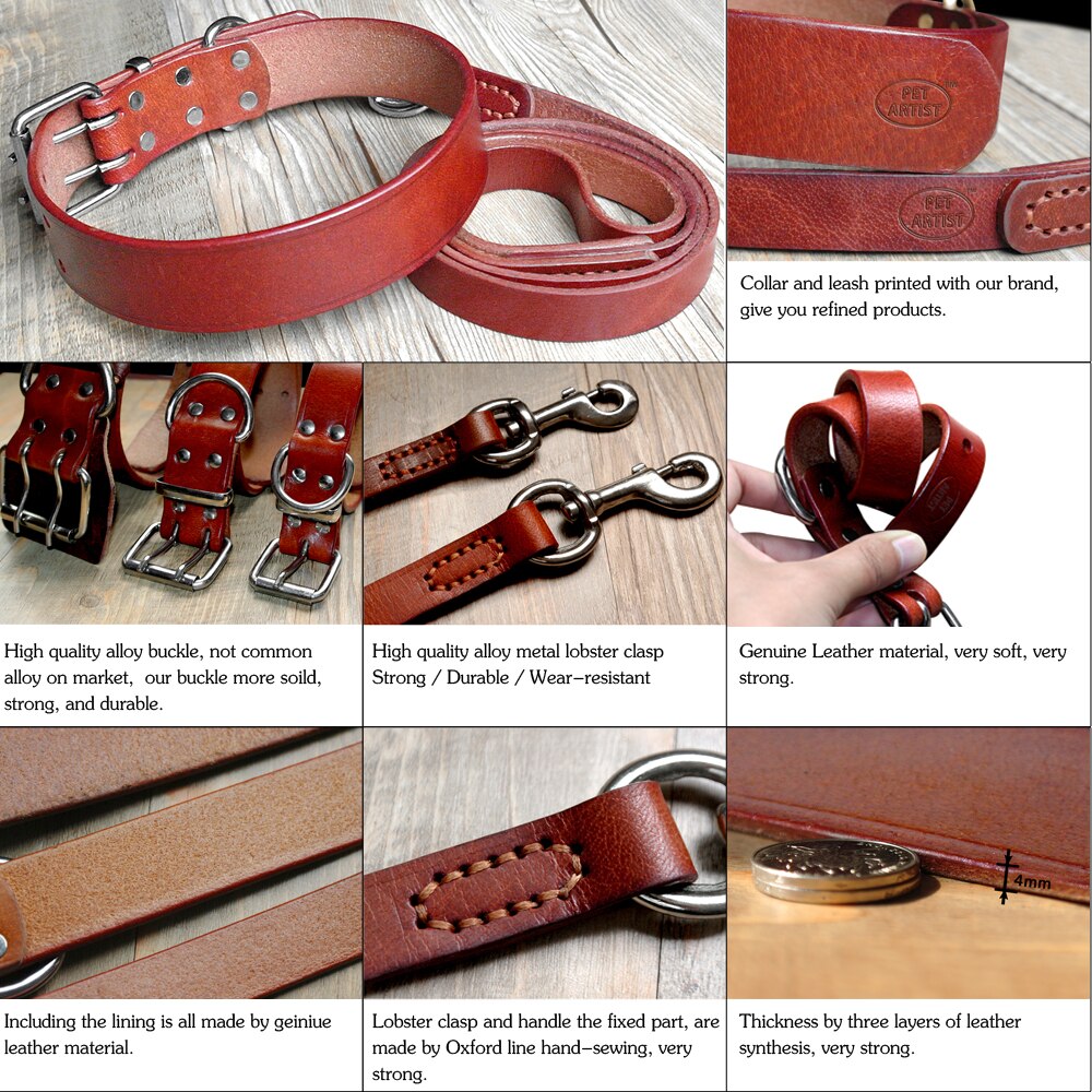 Heavy Duty Plain Leather Pet Dog Collar Leash Set Adjustable