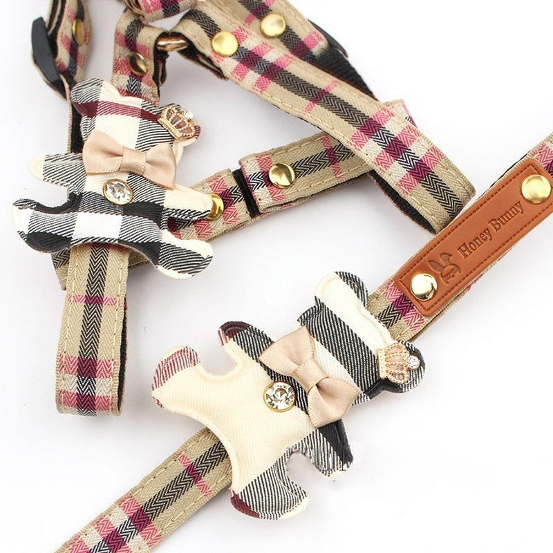Pet Dog Harness Leash 2 Sets Classic Check Bow Teddy Collar