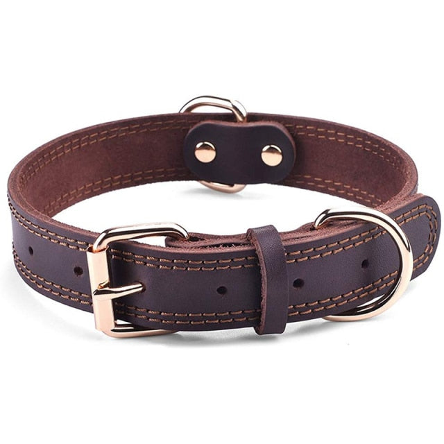 Quality Genuine Leather Dog Collar Durable Vintage Heavy-duty Rustproof Double D-Ring Pet Collar