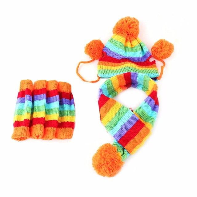 1 Set(hat+scarf+leg Warmers) Rainbow Stripe Knitted Dog Scarf Winter Warm Hat Footwear Sloves Pet Clothes Accessories 20E