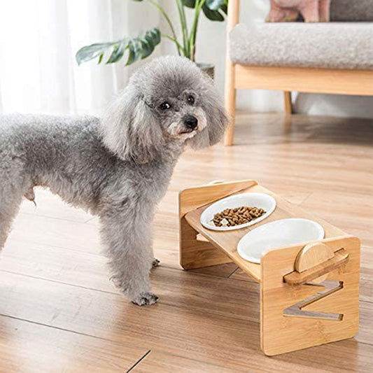Pet Dog Bowls Elevated Heights Adjustable Bamboo Food and Water Dishes Wooden Stand