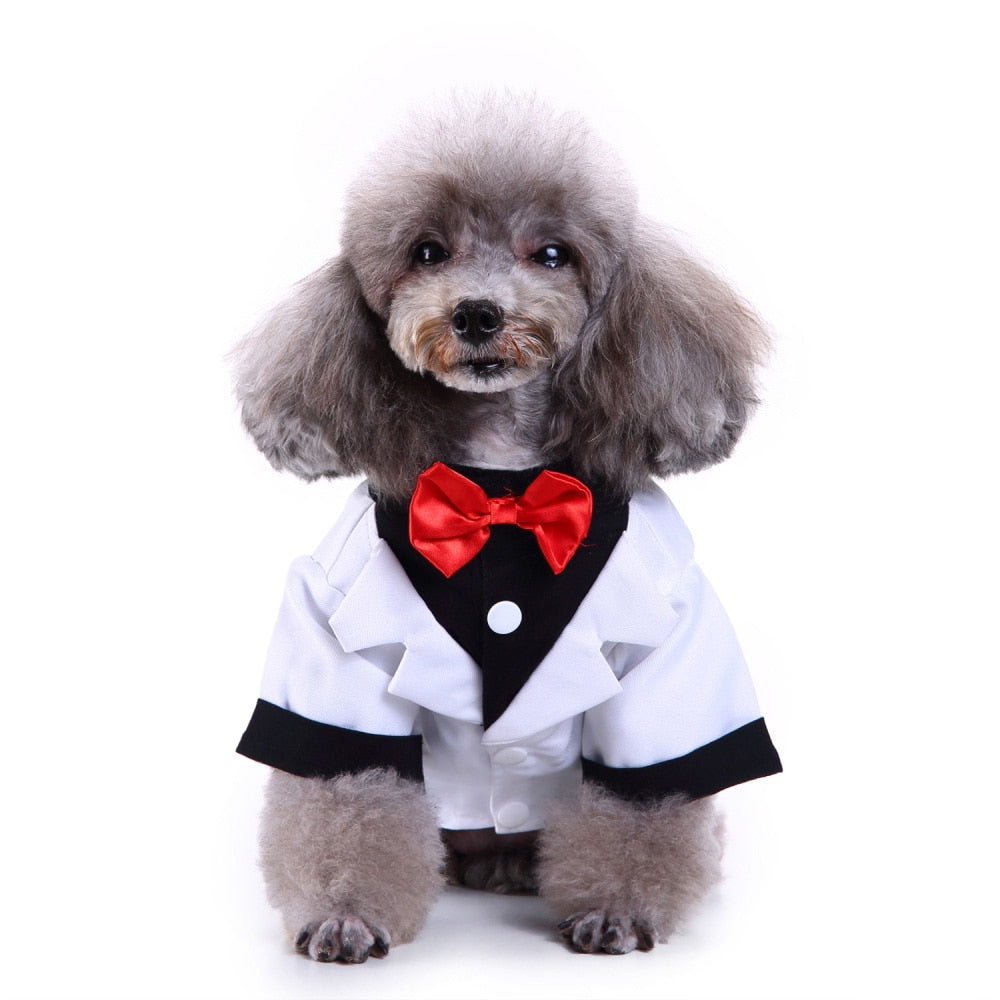 Gentleman Pet Clothes Dog Suit Striped Tuxedo Bow Tie Wedding Formal Dress