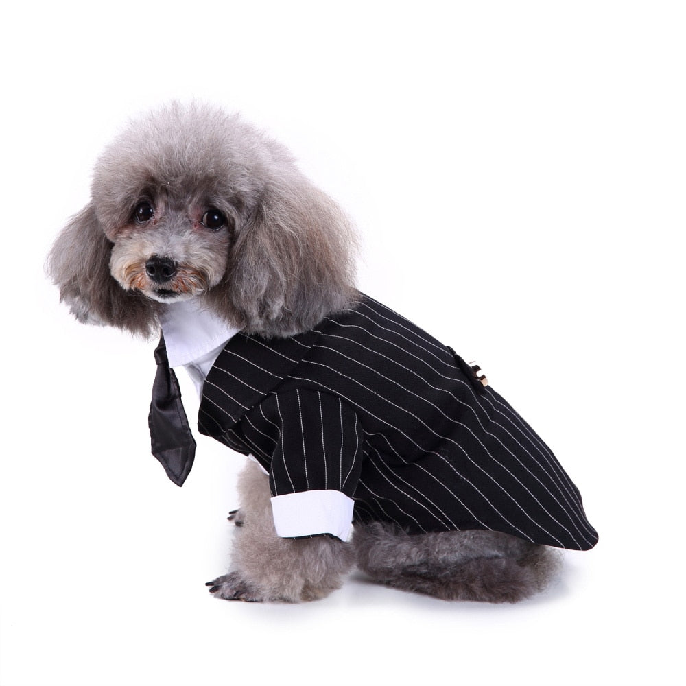 Gentleman Pet Clothes Dog Suit Striped Tuxedo Bow Tie Wedding Formal Dress