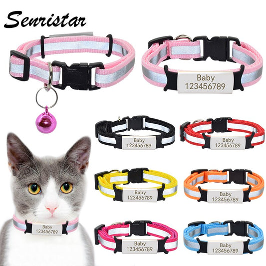 Personalized Nameplate Cat Collar Bell Necklace Safety Reflective Nylon Custom Engraved ID Name