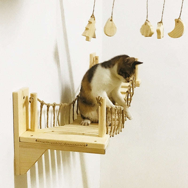 90cm Cat Bridge Climbing Frame Wood Pet Cat Tree House Bed Hammock Sisal Scratching Post Cat Furniture