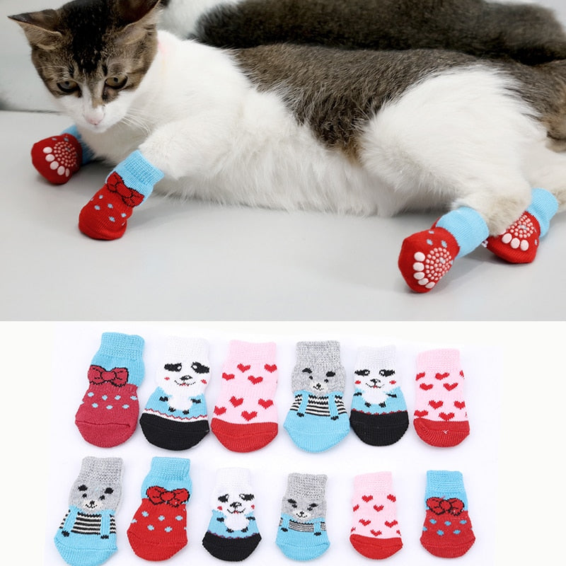 4pcs Pet Small Dogs Cats Shoes Slippers Non-Slip Knit Socks
