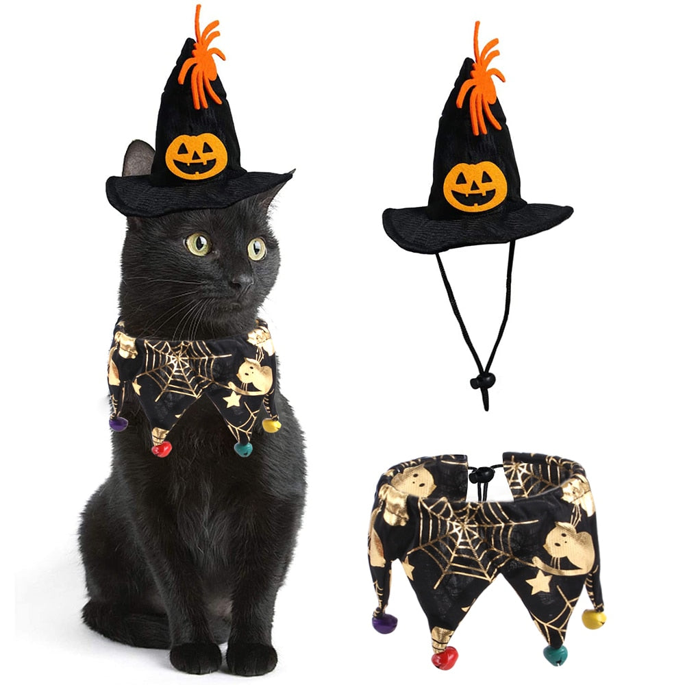 Pet Cat Halloween Hat Scarf Set Skull Pattern Cat Cape Hat Decoration Cosplay
