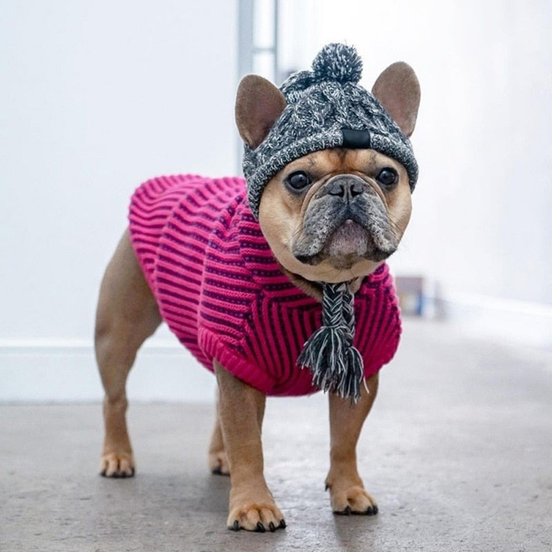 Winter Warm Cat Dog Hats Windproof Knitting French Bulldog Pet Hat for Dogs Cats Hat Fluffy Ball Puppy Accessories  Pink  Grey