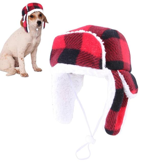 Small Dogs Headband Decorative Accessories Winter Plush Cat Plaid Hat Warm French Dog Walking Woolen Outdoor Windproof Headwear