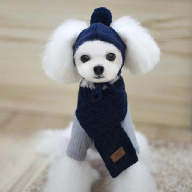 Christmas Dog Clothing Puppy Teddy Clothing Knitted Clothes Dog Hat Winter Warm Striped Knitted Hat + Scarf Collar